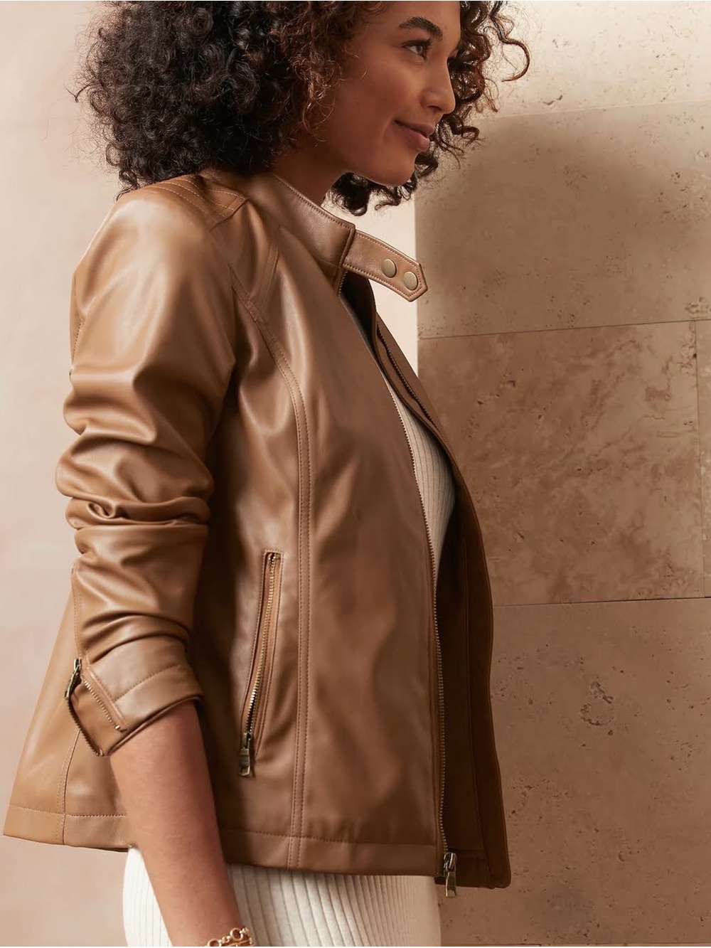Banana Republic Women's Tan Vegan Leather Moto Jacket